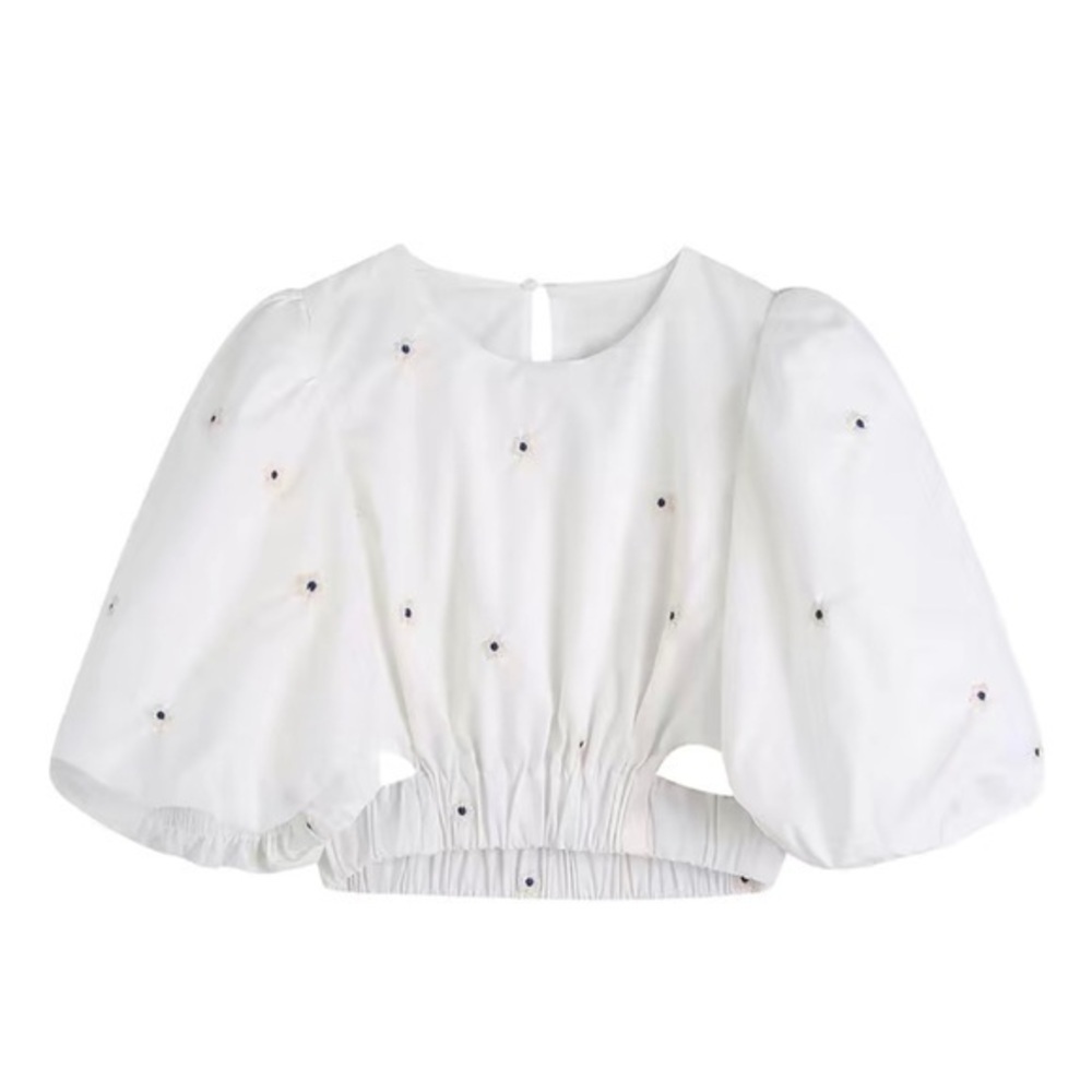 New crisp white blouse with small blue flowers. So sweet but boho sexy